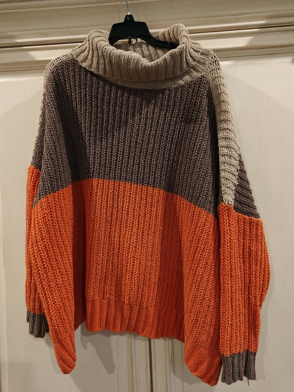 Colorblock Turtleneck Sweater - Taupe, Orange, Cream
